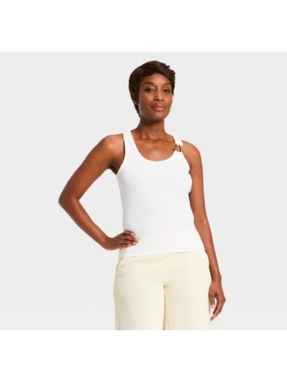 A New Day Women's White Tank Top with Metal Ring Accent Size Medium NWT Stretch
